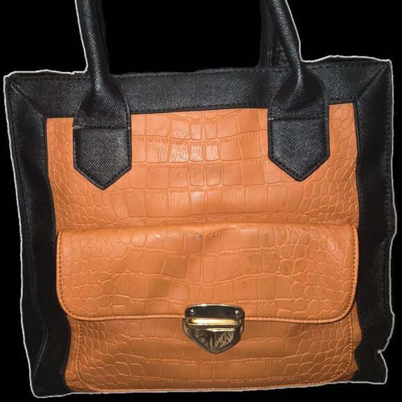 Boutique Handbags - two-tone black frame tan crocodile-embossed structured satchel
